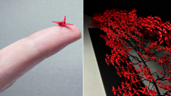 Naoki Onogawa crea bonsáis con cientos de origamis de grullas en miniatura