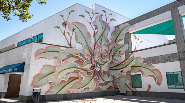 Una flor gigante se extiende por seis superficies diferentes en este curioso mural en 3D
